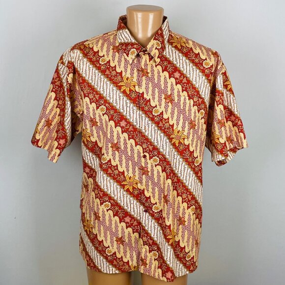 Vtg Keris Fashion Batik Print Shirt Sz 3XL Red Yellow Floral Boho Artsy Tropical - Picture 1 of 6